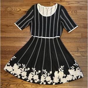 Anthro Deletta XL Fit & Flare Knit Dress Black White Stripe Floral Sweater